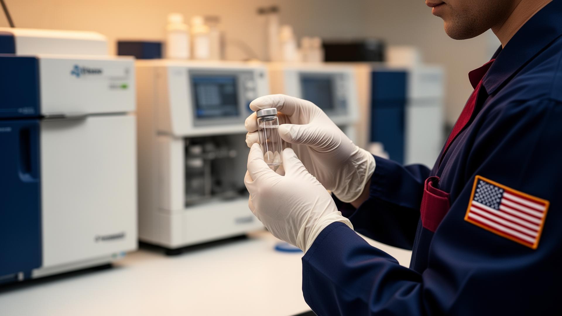 US-based peptide synthesis lab: gloved scientist inspecting a research vial near HPLC and mass spectrometry instruments
